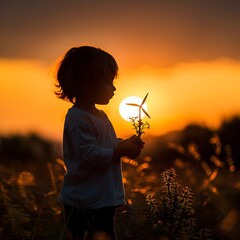 A little girl holding a windmill in a field at sunset