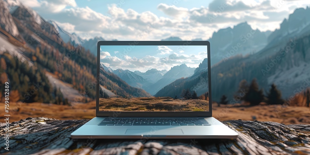 Poster a laptop is open to a screen showing a mountain range