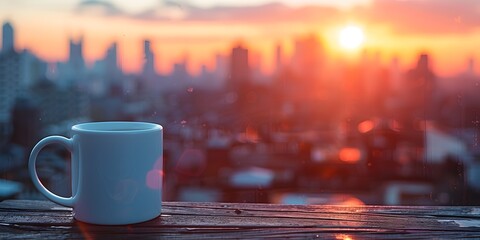 A white coffee cup sits on a wooden table in front of a city skyline - Powered by Adobe