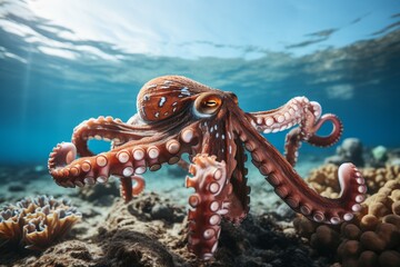 Obraz premium Close-up of mesmerizing octopus in clear blue sea waters with stunning underwater scene