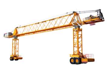 Tall construction cranes in industrial environment isolated on transparent background.