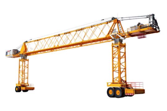 Tall construction cranes in industrial environment isolated on transparent background.