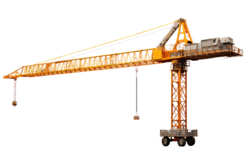 Tall construction cranes in industrial environment isolated on transparent background.