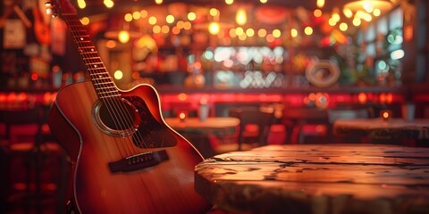 A guitar is sitting on a table in a bar. The bar is dimly lit and has a cozy atmosphere - Powered by Adobe