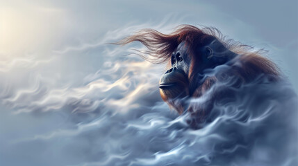 Whispy Clouds Shaping Orangutan Silhouette in Dawn Golden Light Gen AI - obrazy, fototapety, plakaty