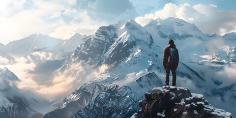 Man standing on top of the mountain and looking at the mountains - Ai generated