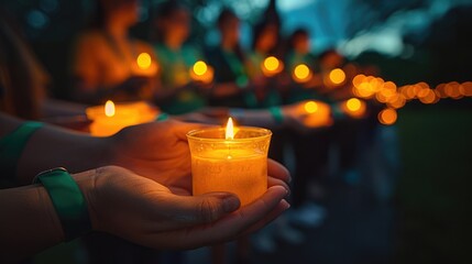 Candlelight Vigil with Green Ribbons Advocating for Mental Wellbeing and Solidarity, promotes mental health awareness, including symbols of Hope Unite Community in Supportive Glow - obrazy, fototapety, plakaty