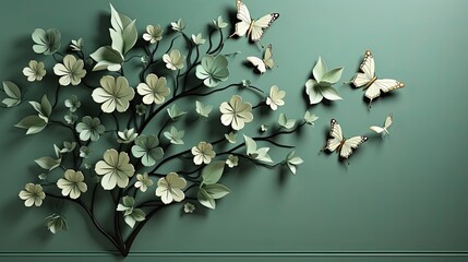 Butterflies fluttering around 3D floral tree