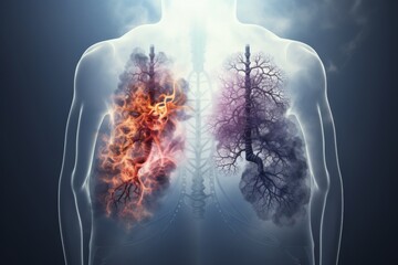Close up of a smoking cigarette butt inside human lungs, unhealthy habit and addiction concept - obrazy, fototapety, plakaty