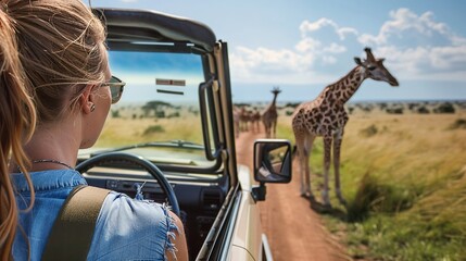 woman traveler sit at car with open roof watching wild animals in safari park, Africa - obrazy, fototapety, plakaty