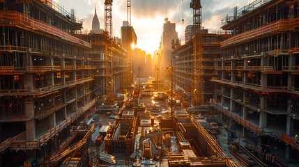 Fototapeta premium Large construction site including several cranes, with lots of gold sunlight.
