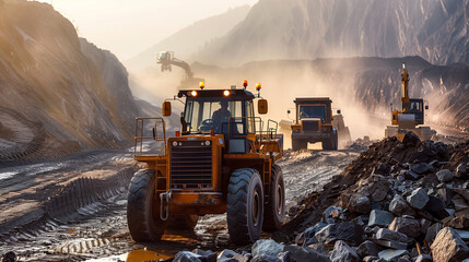 A large construction back hoe vehicle on a large rock pile with another construction vehicle working in the background. Sky is hazy to indicate dust and an active building site. - obrazy, fototapety, plakaty
