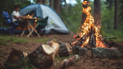 Fire in firewood at forest and tent background