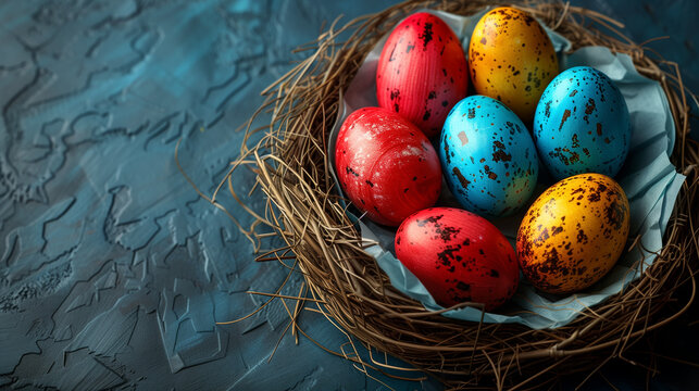Happy Easter day decoration colorful eggs in nest on paper background with copy space .