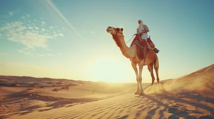 Gordijnen Happy tourists sit at camel on desert. © lelechka