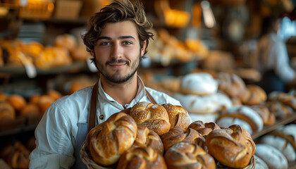 Young baker with fresh bread in the bakery.