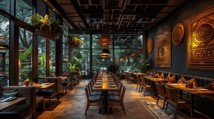 Foto op Plexiglas Modern Restaurant Interior with Ethnic Decor and Lush Greenery © lin