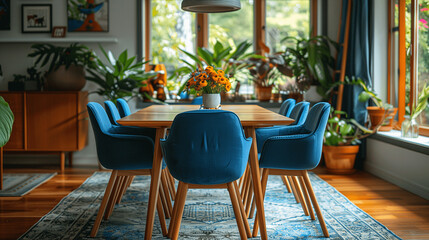 Fototapeta na wymiar Modern Dining Room with Blue Chairs and Houseplants