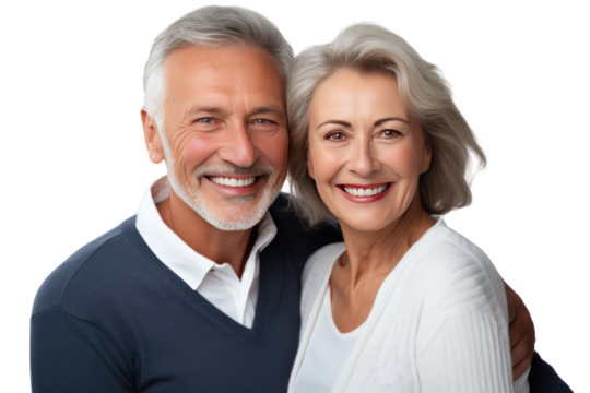 Happy elderly couple smiling together with their family in their home, isolated on transparent background.