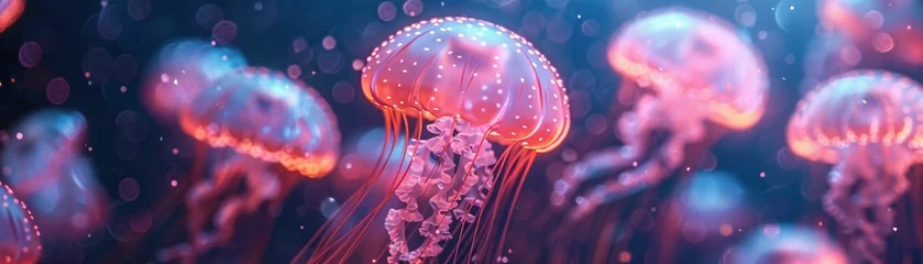 Foto op Aluminium Luminous jellyfish-like creatures floating in an underwater power plant harnessing bio-luminescence for energy production 3D render © Jiraphiphat