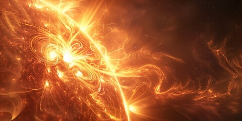Fiery solar plasma eruption, concept of cosmic power and solar energy