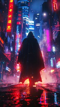 Mysterious traveler, cloak, enigmatic, exploring the labyrinthine city at night, under the glow of neon lights, 3D render, dramatic backlights, Lens Flare