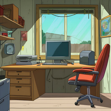 Computer desk cartoon background 