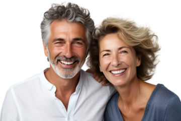 Happy elderly couple smiling together with their family in their home,  on transparent background.