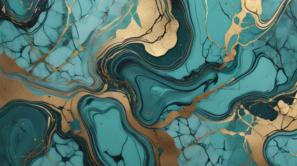 Generative AI illustration of turquoise marble texture background with cracked gold details