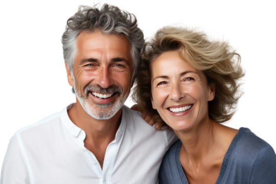 Happy elderly couple smiling together with their family in their home,  on transparent background.