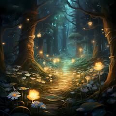 Mystical forest with glowing flora.