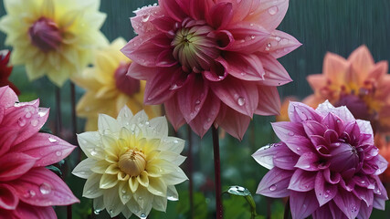 Dahlia Mix blooms with rain drops, closeup