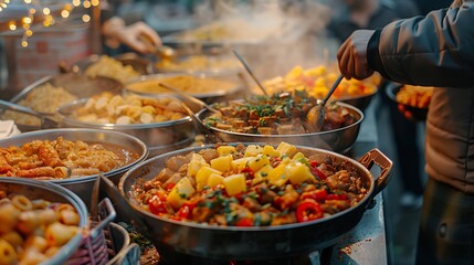 Colorful Stir-fry Dish Being Cooked at Food Stall. Vibrant stir-fry dish with colorful vegetables being expertly cooked at a busy food stall.