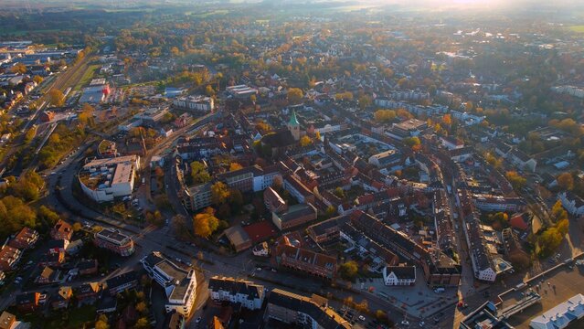 Aerial view of the old town around the city Dorsten on an overcast day in fall in Germany.	