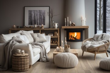 Scandinavian hygge rattan lounge chair, wicker pouf, and white sofa by fireplace - obrazy, fototapety, plakaty