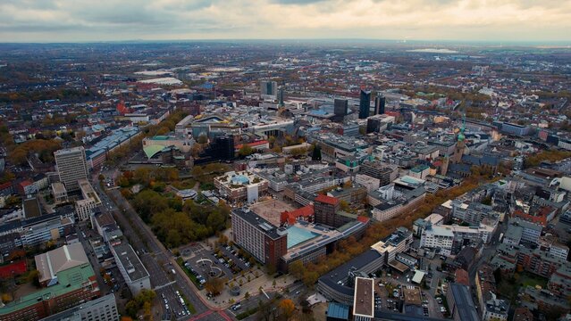 Aerial view of the old town around the city Dortmund on an overcast day in fall in Germany.	