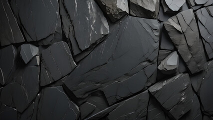 Black rock texture background. Rough mountain surface with cracks. Black stone background with space for design