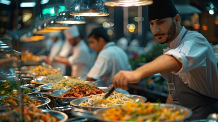 Chef Serving Diverse Dishes in Food Market. Chef in a modern kitchen setting serving a diverse array of dishes to customers at a busy food market. - obrazy, fototapety, plakaty