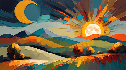 abstract landscape with moon and sun