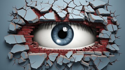 Eye looking through a broken brick wall
