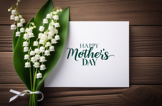 Mother's Day Card Greeting With Text "Happy Mother's Day" with Lily Of The Valley Blooms Against A Wooden Background. Mother's Day Background And Festive Mother Banner 