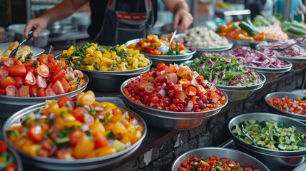 Colorful Fresh Salads at Street Market Stall. Array of vibrant, fresh salads with tomatoes and greens on display at a busy street food market stall.