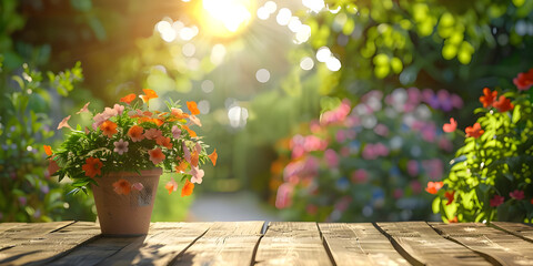 Flower pot on a wooden table in the garden, Selective focus - Ai Generated
