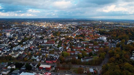 Aerial view of the old town around the city Leverkusen on an overcast day in fall in Germany.	
