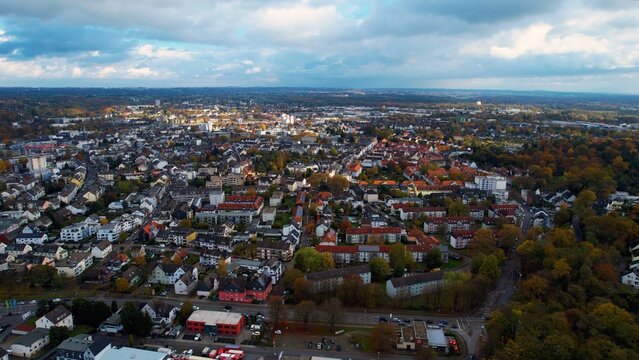 Aerial view of the old town around the city Leverkusen on an overcast day in fall in Germany.	