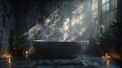 Modern bathroom with freestanding bathtub, lit by natural light through window and ambient candles, with a tranquil, luxurious atmosphere. - obrazy, fototapety, plakaty