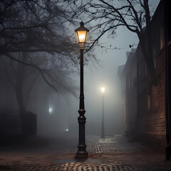 Old-fashioned streetlamp in a foggy alley. 
