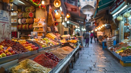 Traditional Market Alley with Fruit Stalls. Old market alley lined with stalls selling an array of fruits and sweets, capturing the essence of local commerce. - obrazy, fototapety, plakaty