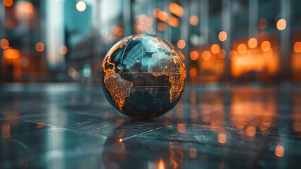 Illuminated globe model stands out in a modern business environment - obrazy, fototapety, plakaty
