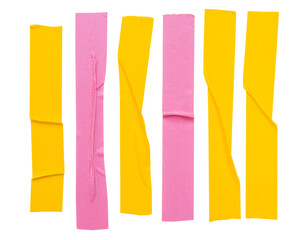 Top view set of pink and yellow wrinkled adhesive vinyl tape or cloth tape in stripes shape isolated on white background with clipping path